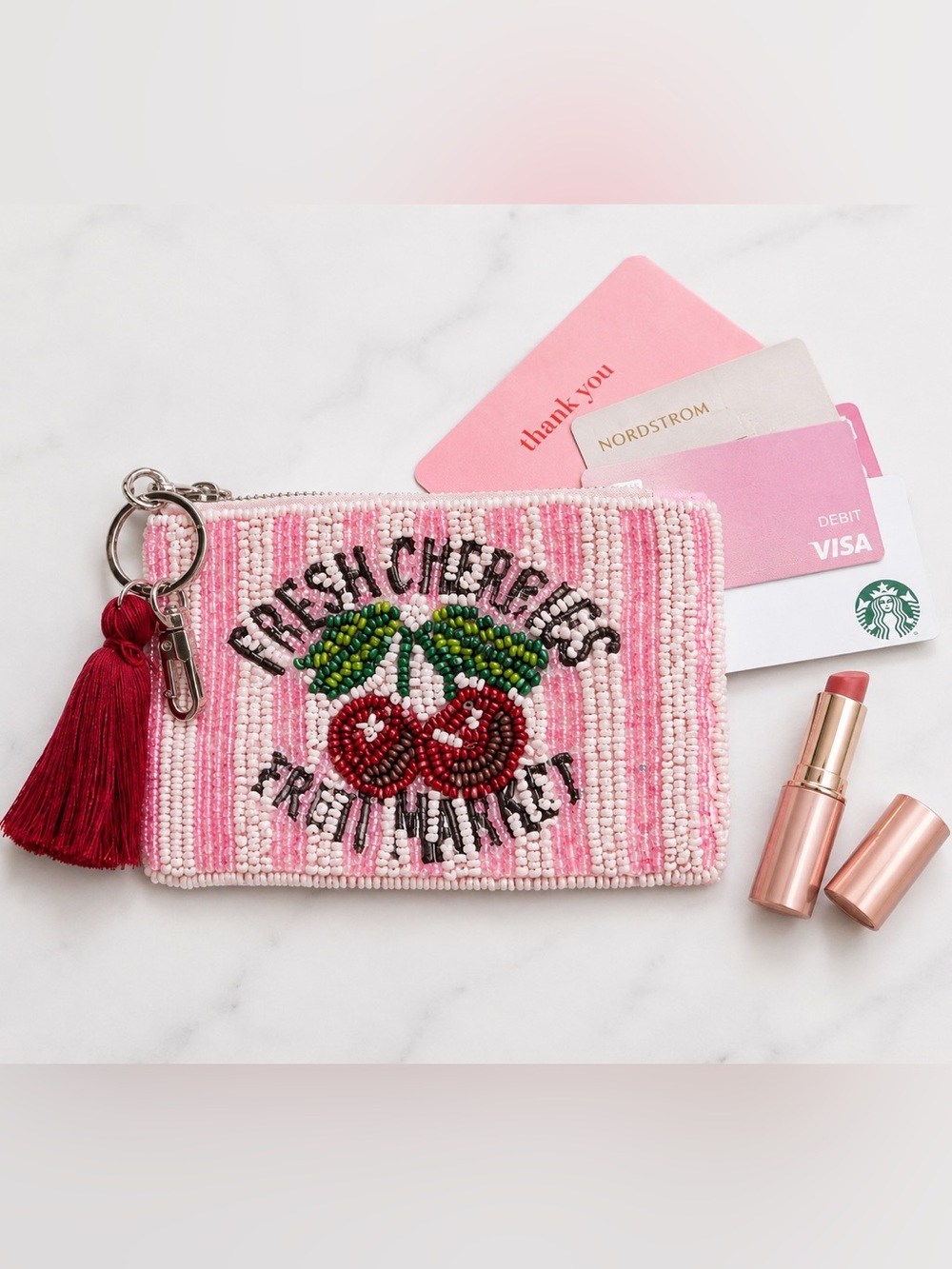 resh Cherries Beaded Zip Pouch – Pink | NWT 🍒💄